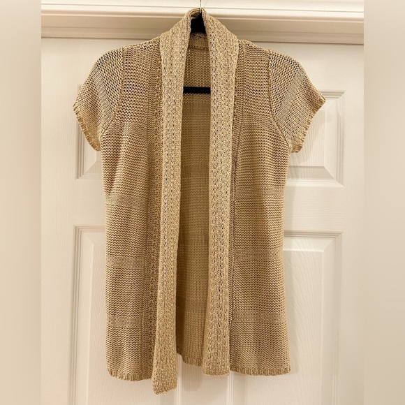 Dress Barn Short Sleeve Open Cardigan Tan Loose knit shawl Collar sz small - Picture 1 of 3